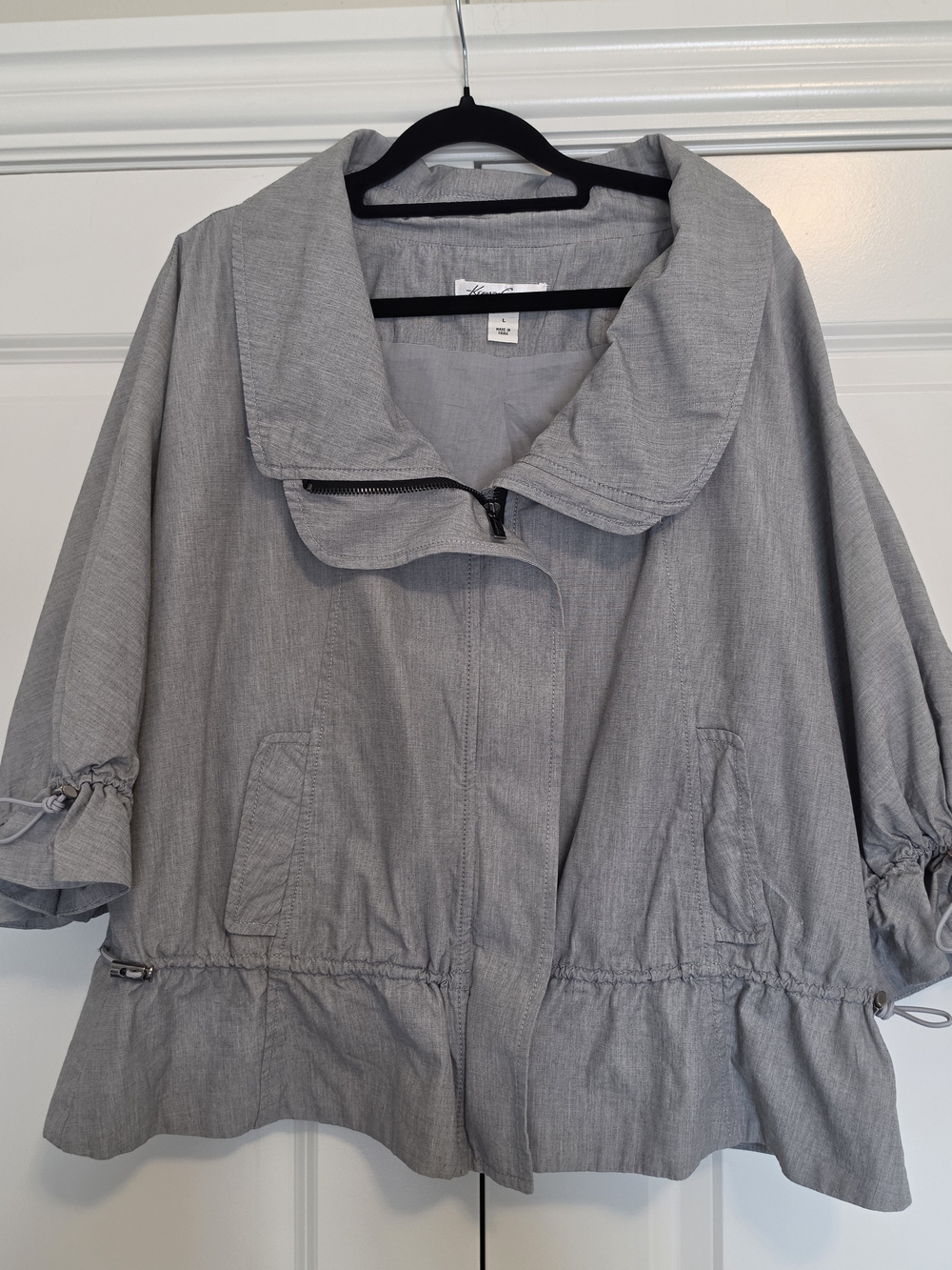KENNETH COLE NEW YORK GRAY COTTON JACKET L DOLMAN SLEEVE FULLY LINED ZIP FRONT